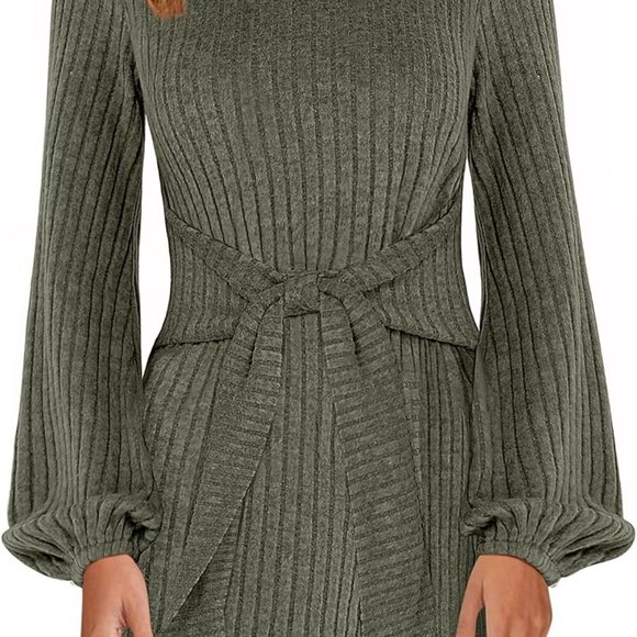 Dresses & Skirts - Women's Fall Dress Long Lantern Sleeves Ribbed Knit Tie Waist Mini Casual